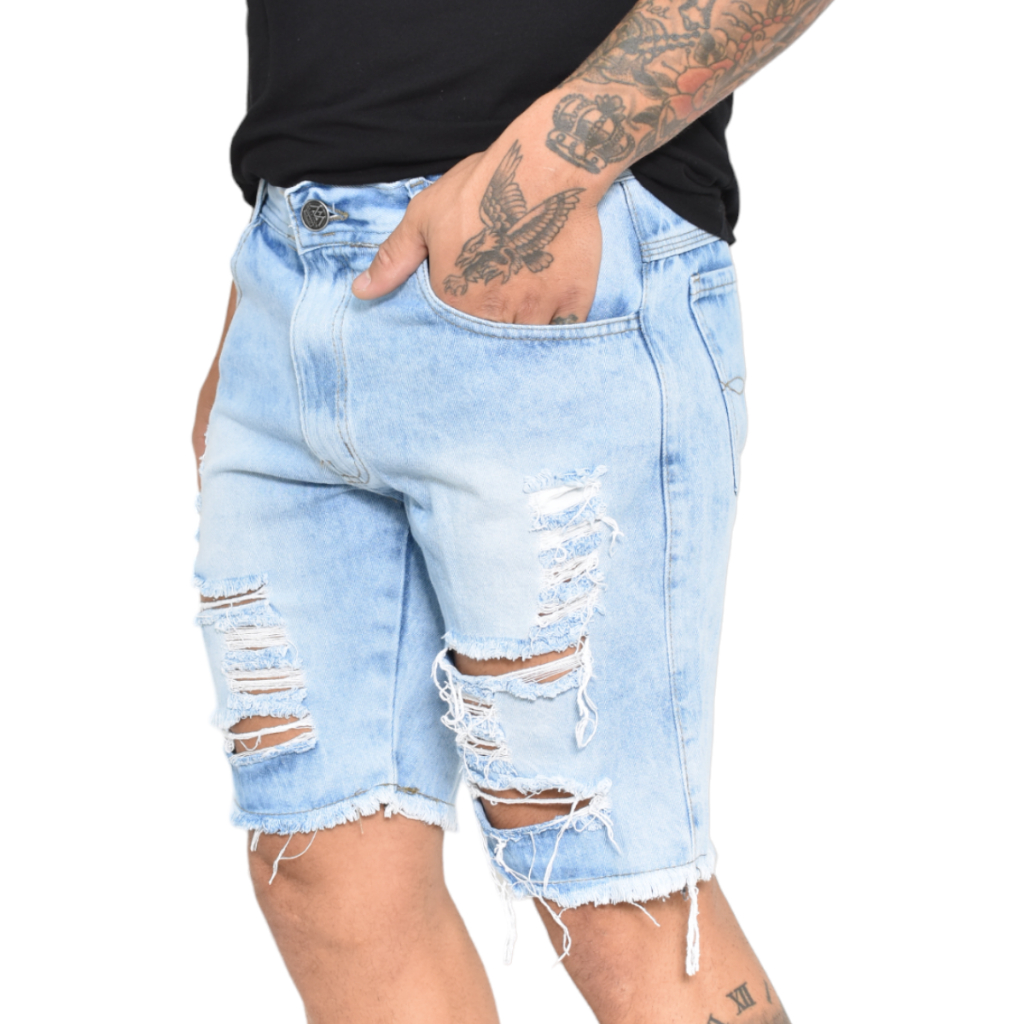 Bermuda Jeans Clara Destroyed Rasgada Masculina Verão Moda 2025