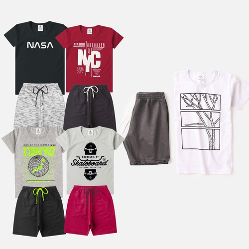Kit Lote Sortido de 3 Conjuntos Infantil Menino - 6 Peças = 3 Camisetas + 3 Bermudas - 02 ao 08