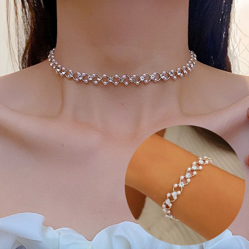 Kit 2 elegante de colar e pulseira de pérolas femininas com zircônias banhada a prata 925
