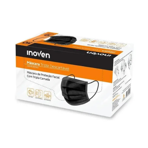 Máscara Descartável com elástico de proteção facial com tripla camada cor Preto Inoven