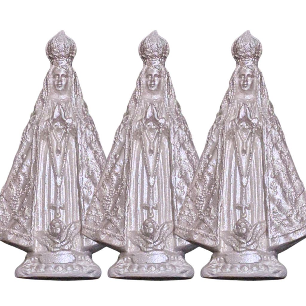 Trio de Imagens de Nossa Senhora Aparecida Gesso Bordado Branco Perolado Rica em Detalhes