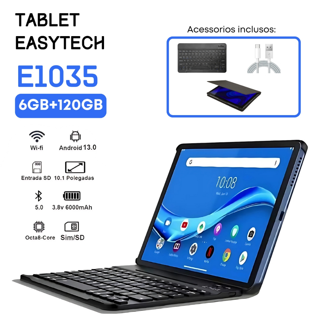 Tablet E1035 com Dual sim e 6gb Ram 128gb Teclado Capa 10,1 polegadas Para Estudo E Trabal...