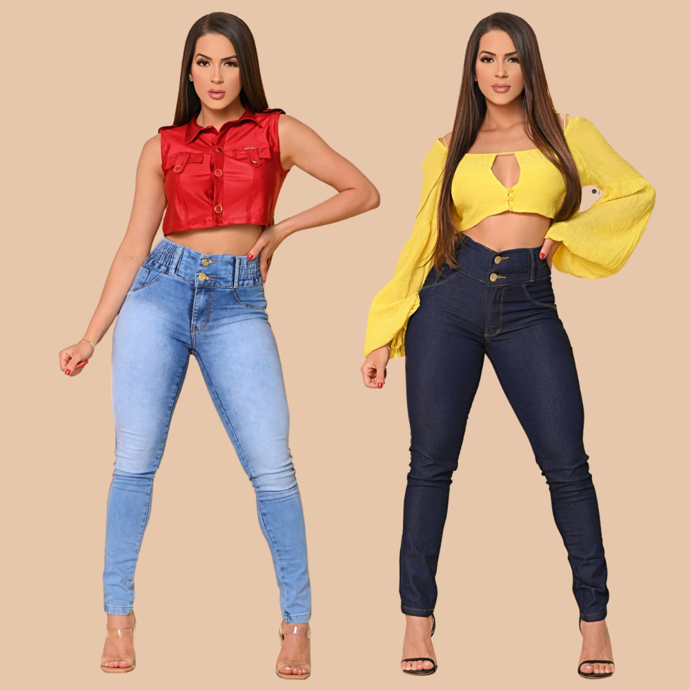 Calça Jeans Feminina Com Lycra Elastico No Cós Levanta Bumbum cós alto em Oferta na Shopee