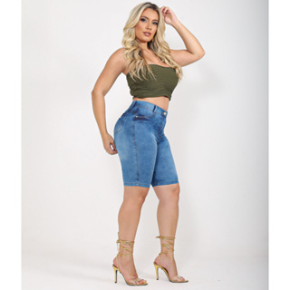 Bermudas Cós Alto Até o Joelho Jeans Feminina Com Elastano Cintura Alta em Oferta na Shopee