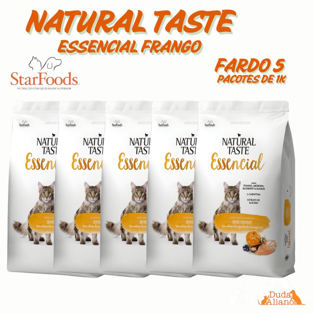 Ração Natural Taste Essencial Gatos Castrados Frango- Fardo 5 pcts de 1k- Super Premium sem corantes