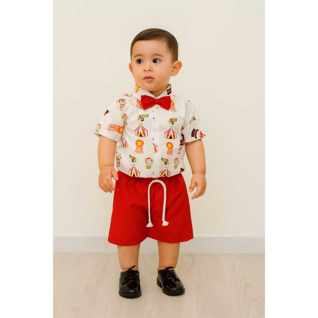 CONJUNTO ROUPA INFANTIL TEMÁTICO SAFARI ANIMAIS MENINOS COM CAMISA, BERMUDA E GRAVATINHA