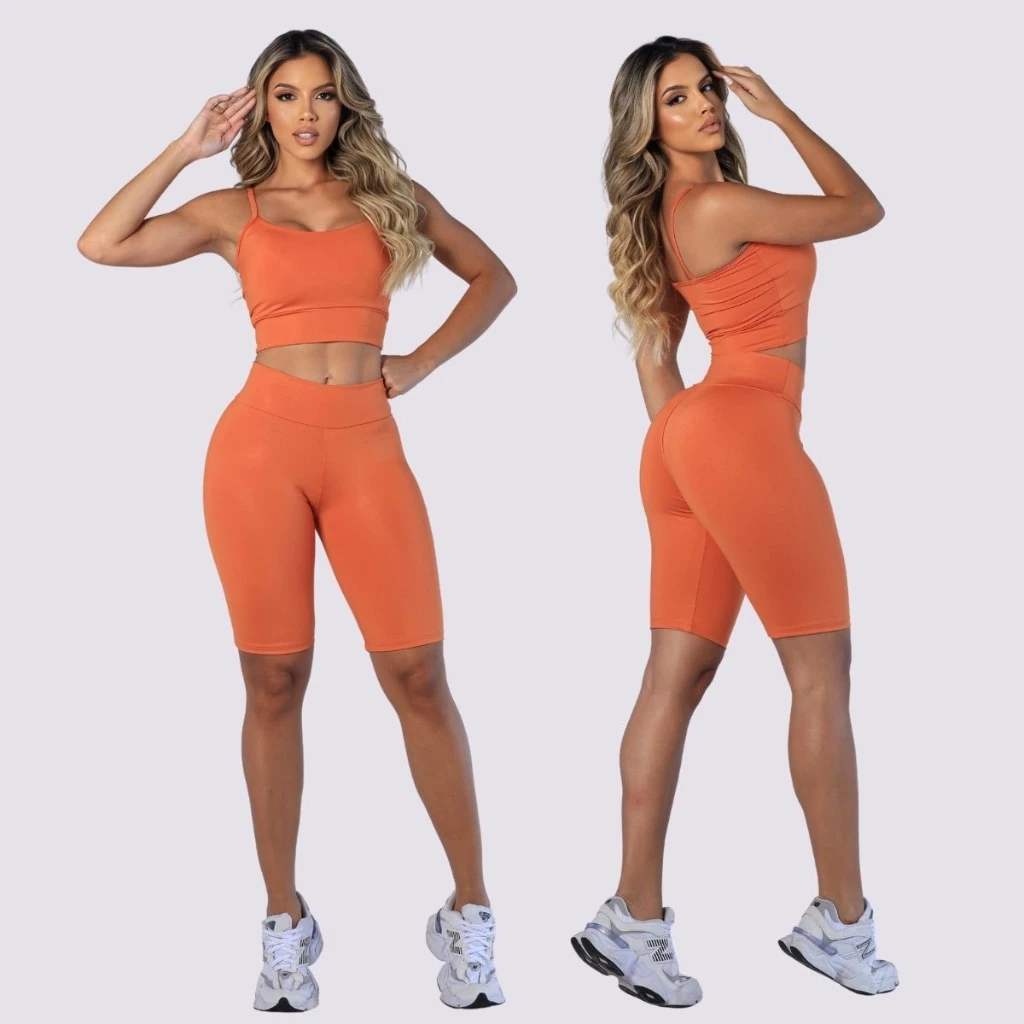 Conjunto fitness feminino short bermuda e top com bojo removivel Suplex academia treino corrida — imagem 1
