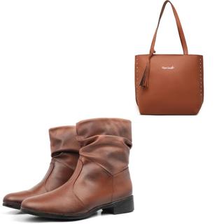 Kit R.A Bota Feminina Coturno Cano Médio Enrugado Levíssima + Bolsa Sacola Grande