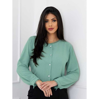 L.L.MODAS FEMININA    camisa social feminina manga longa com renda tecido duna em Oferta na Shopee