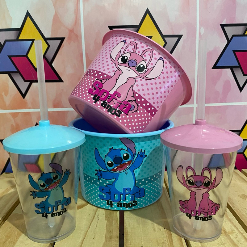 10 KIT CINEMINHA- STITCH E ANGEL - Lilo (10 baldes +10 copos ) Personalizados| Lembrancinhas|Festa|Sacolinha|