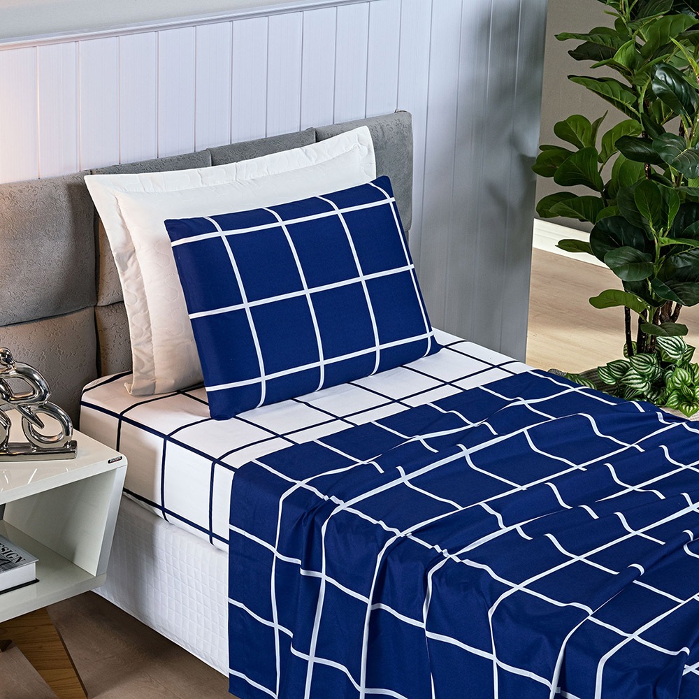 Jogo de cama Lençol Solteiro Grid 03 Pçs e 02 Pçs Micropercal 200 Fios Solteiro
