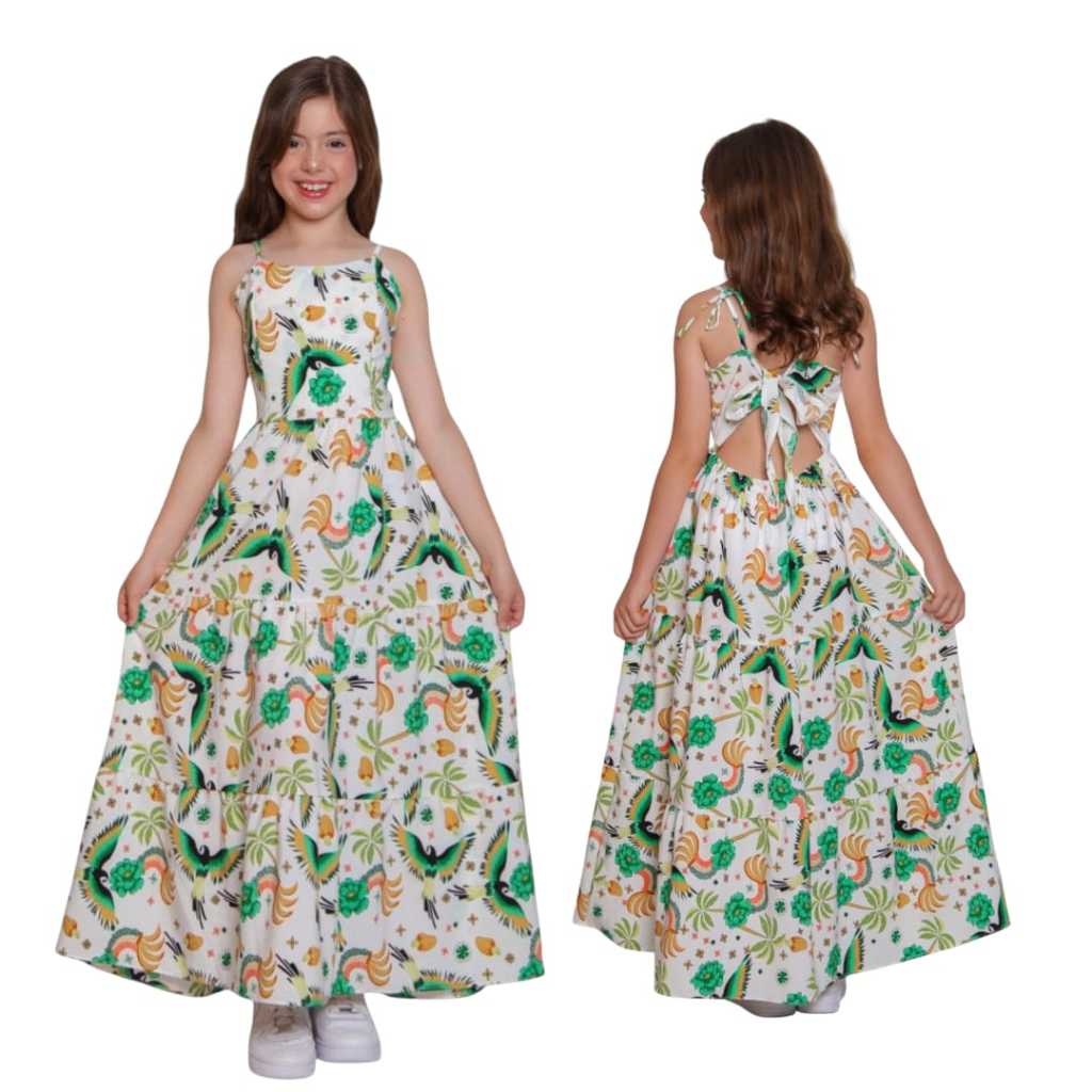 Vestido longo juvenil estampa farm para lindas adolescentes estilosas