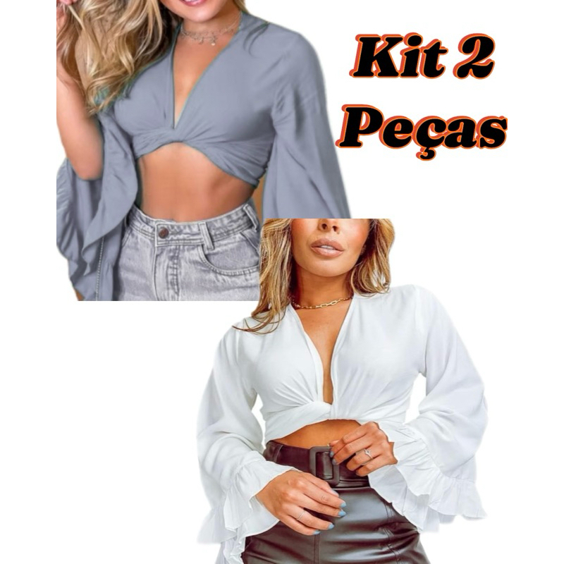 kit 2 Blusas feminina Cropped Manga Longa Flare Babado Amarração Amarrar Frente ou Costas Multiformas