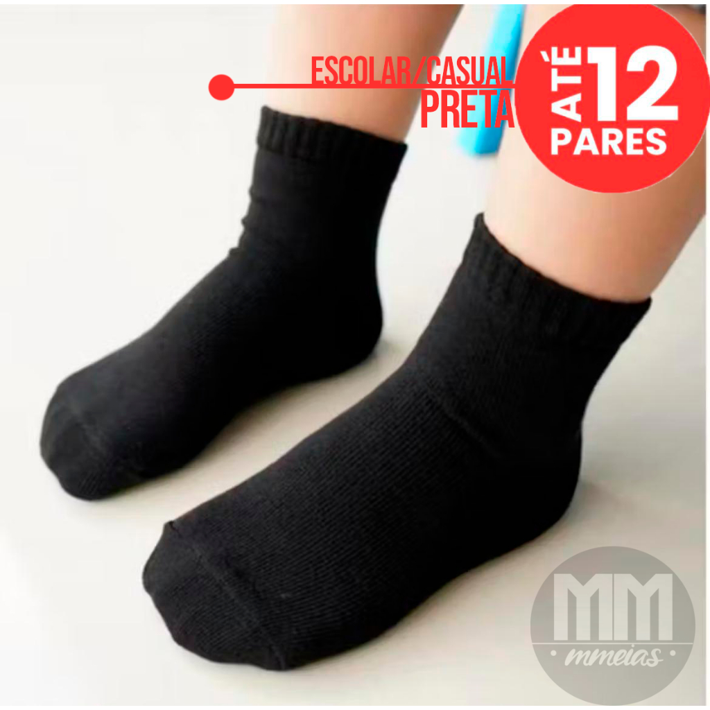 KIT DE 3 A 12 PARES MEIA ESCOLAR CASUAL INFANTIL PRETA CRIANCA MENINO MENINA em Oferta na Shopee