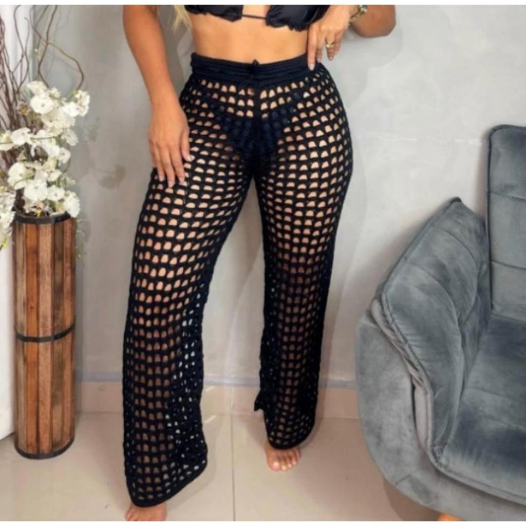 Calça Saída De Praia Feminina Tricot Tendência Verão Pantalona — imagem 2 de 2