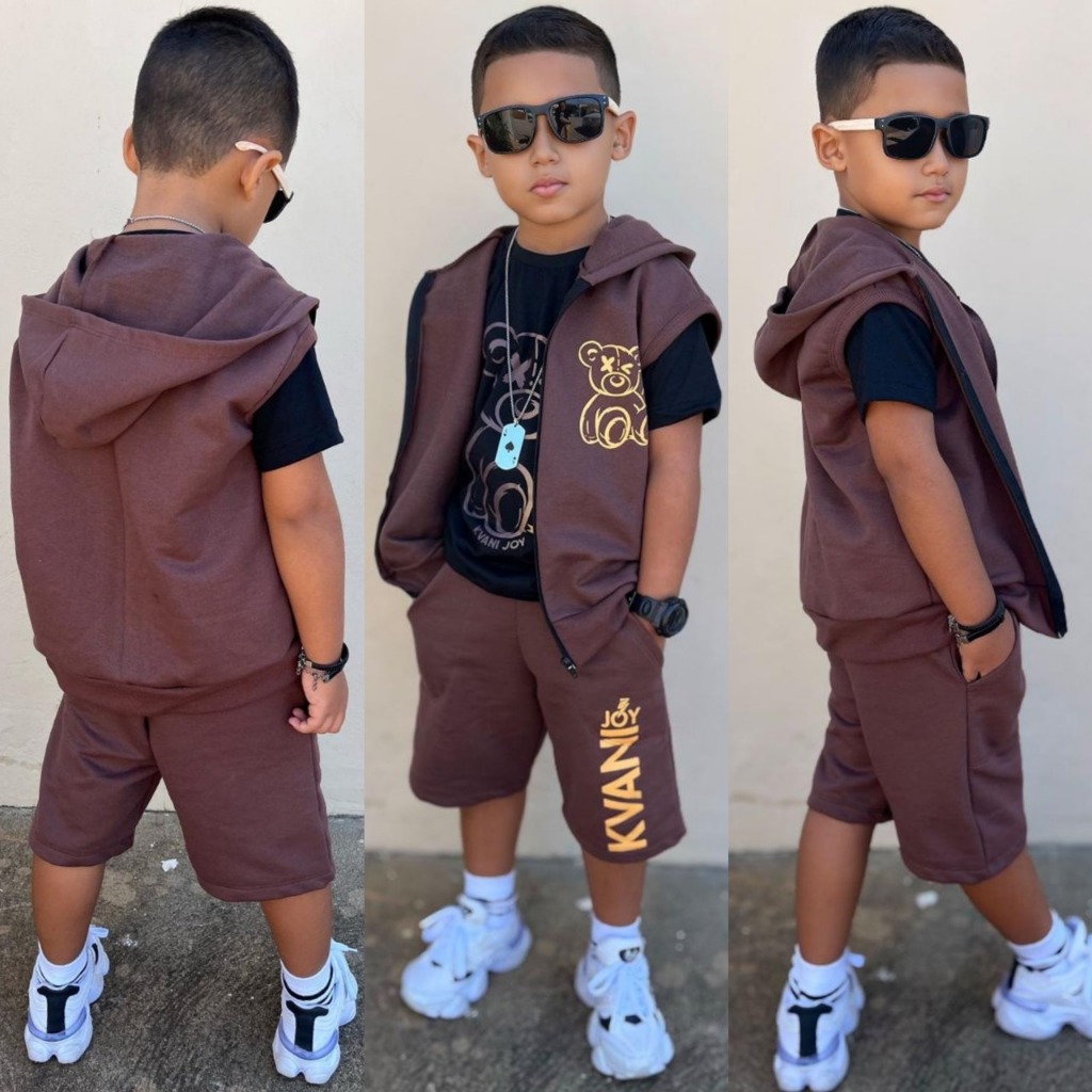 Conjunto Infantil Menino Verão – Camiseta  + Colete e Bermuda Moletinho - Tamanho 2 ao 12 Anos em Oferta na Shopee