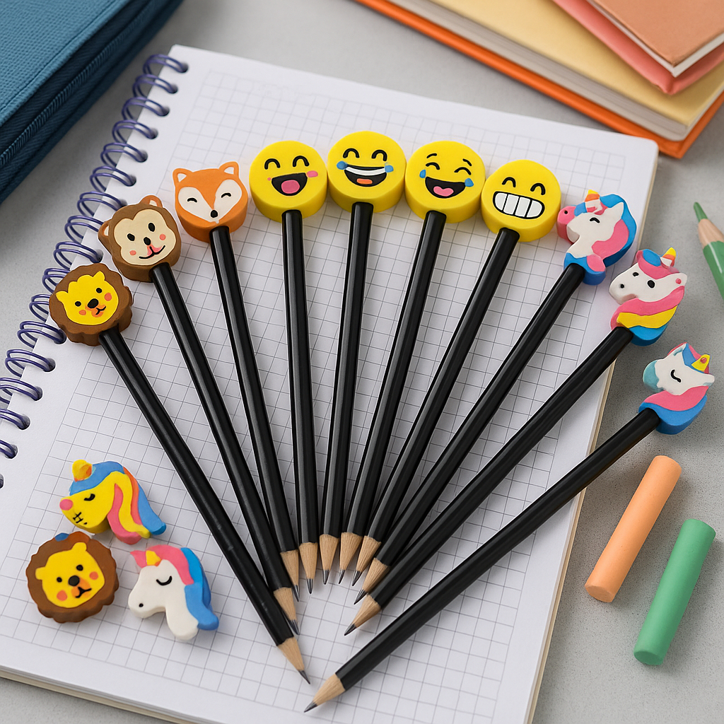 Borracha  Ponteira-Emoji Animais e Unicórnio - Com 12/24 Lápis Preto.