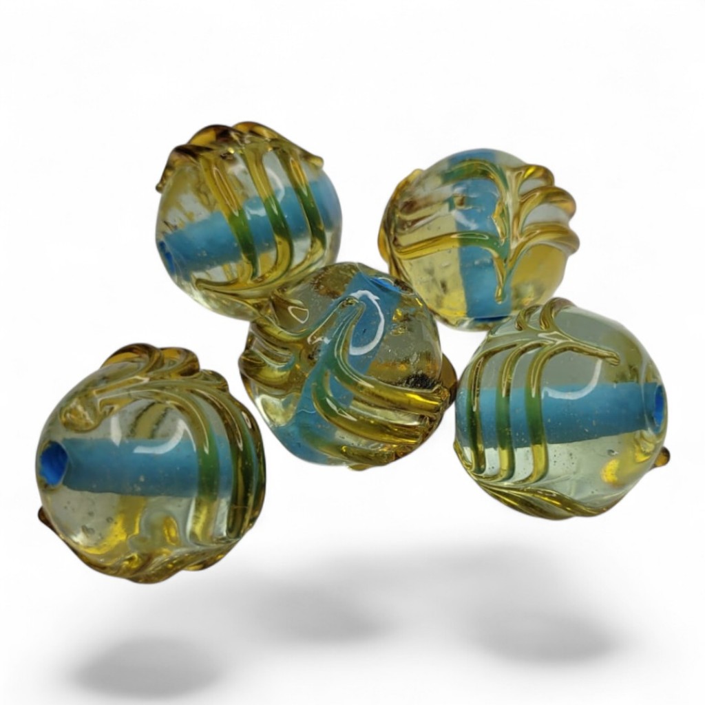 Kit 3 ou 7 Unidades Firma Murano Bola Escama Cristal Escama Dourado Miolo Azul