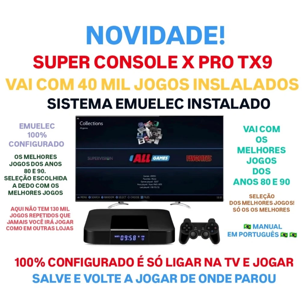 Super Console X PRO Console de Jogos Retrô com 40 Mil Jogos + 2 Controles Sistema Emuelec