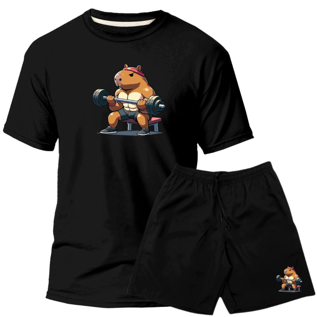 Camisa Masculina Conjunto Capivara Academia Kit com Short Tectel Elastano