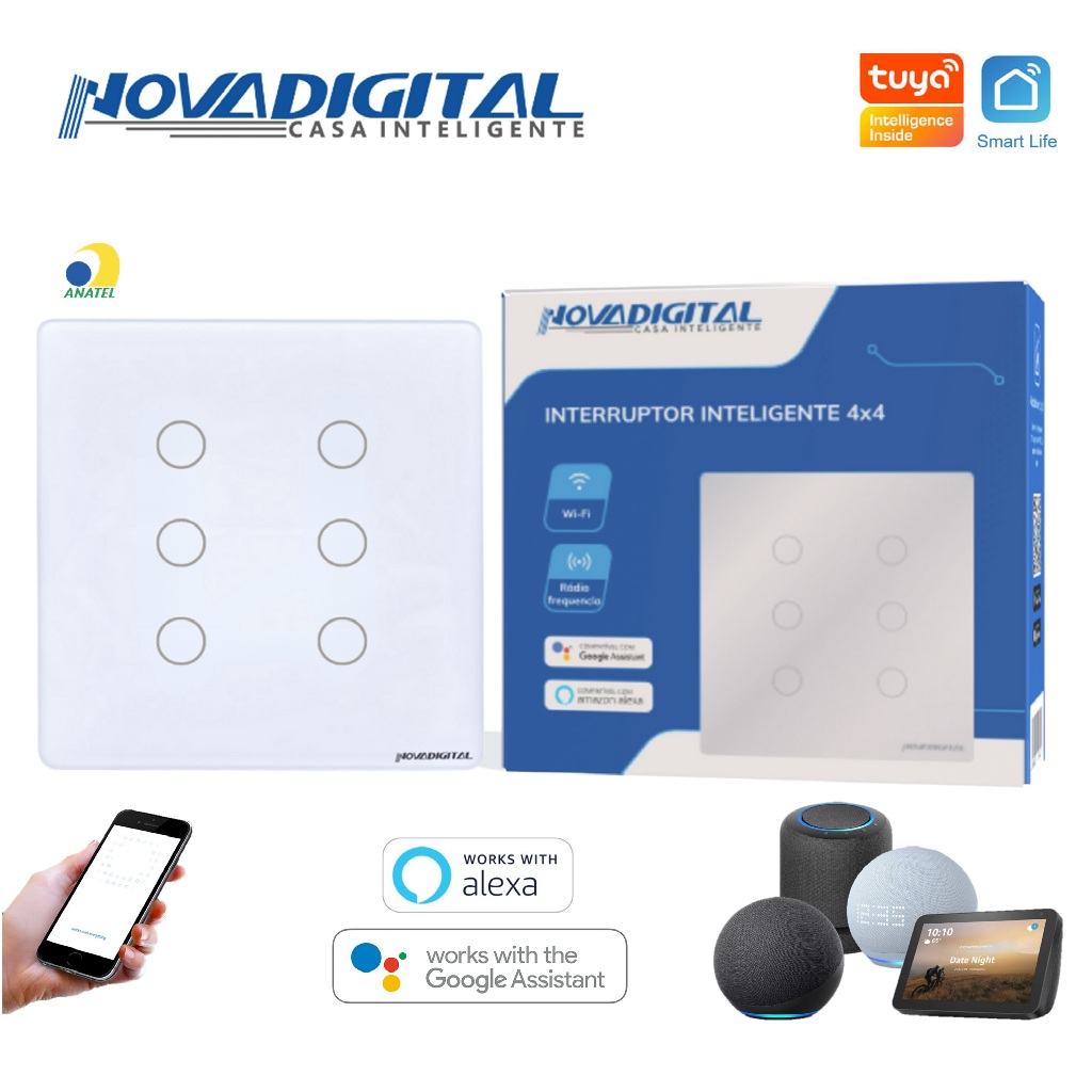 Interruptor Inteligente Touch Wifi 6 Botões Teclas 4x4 Google Assitant Alexa Tuya Smartlife Vidro em Oferta na Shopee