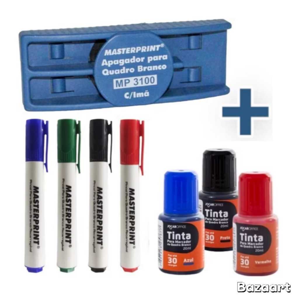 Kit 4 Pincel Marcador de Quadro Branco Recarregável + 3 Refil +1 Apagador