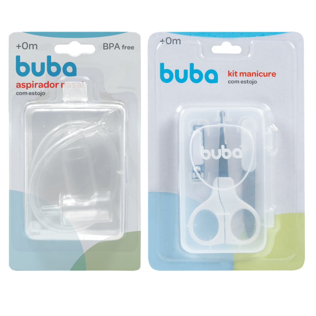 KIT COM ASPIRADOR NASAL COM ESTOJO SUCÇÃO COM PONTA E KIT MANICURE DE BEBÊ COM ESTOJO BUBA