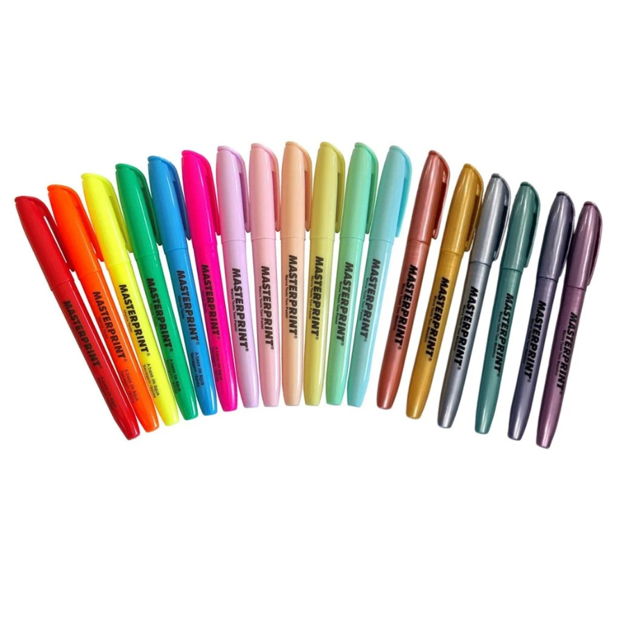 18 canetas  Marca Texto 6 Metálico + 6 Neon + 6 Pastel Masterprint em Oferta na Shopee