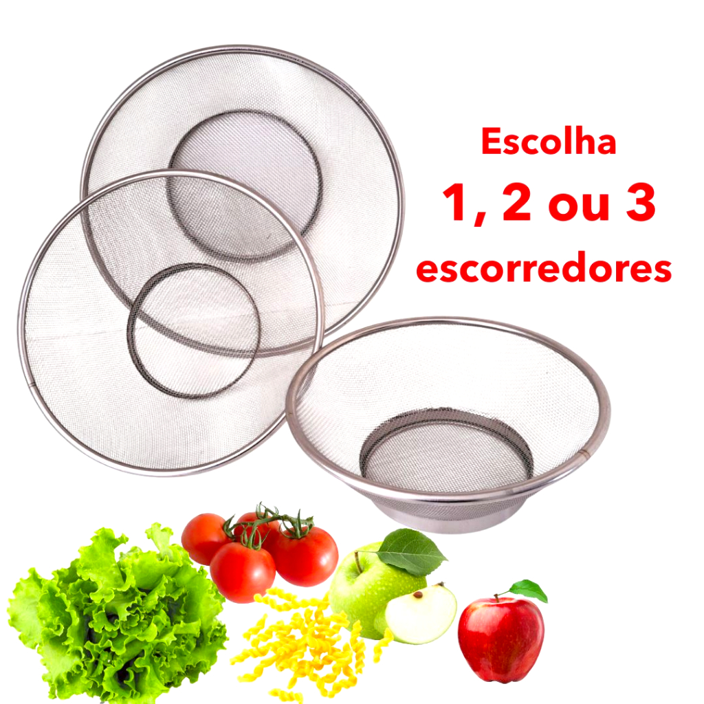 Kit 3 Cestos de Inox Escorredor Lavar Legumes Frutas e Massas