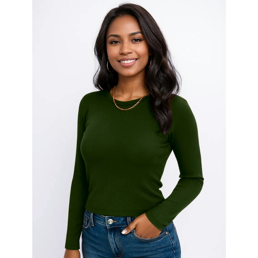 Blusa de Frio, Manga Longa Feminina, Gola Redonda, Modelo CANELADO, Moda Outono Inverno Segunda Pele