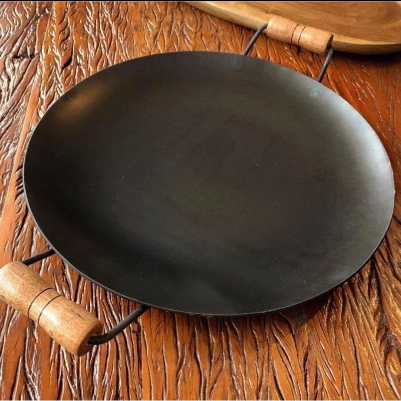 Disco Chapa de Arado Rústico Reforçado Alças de Madeira 42cm com tampa sem tampa