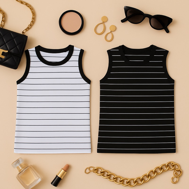 KIT 2 BLUSA FEMININA Regata Listrada americana canelado / Ribana grosso Tendência Verão