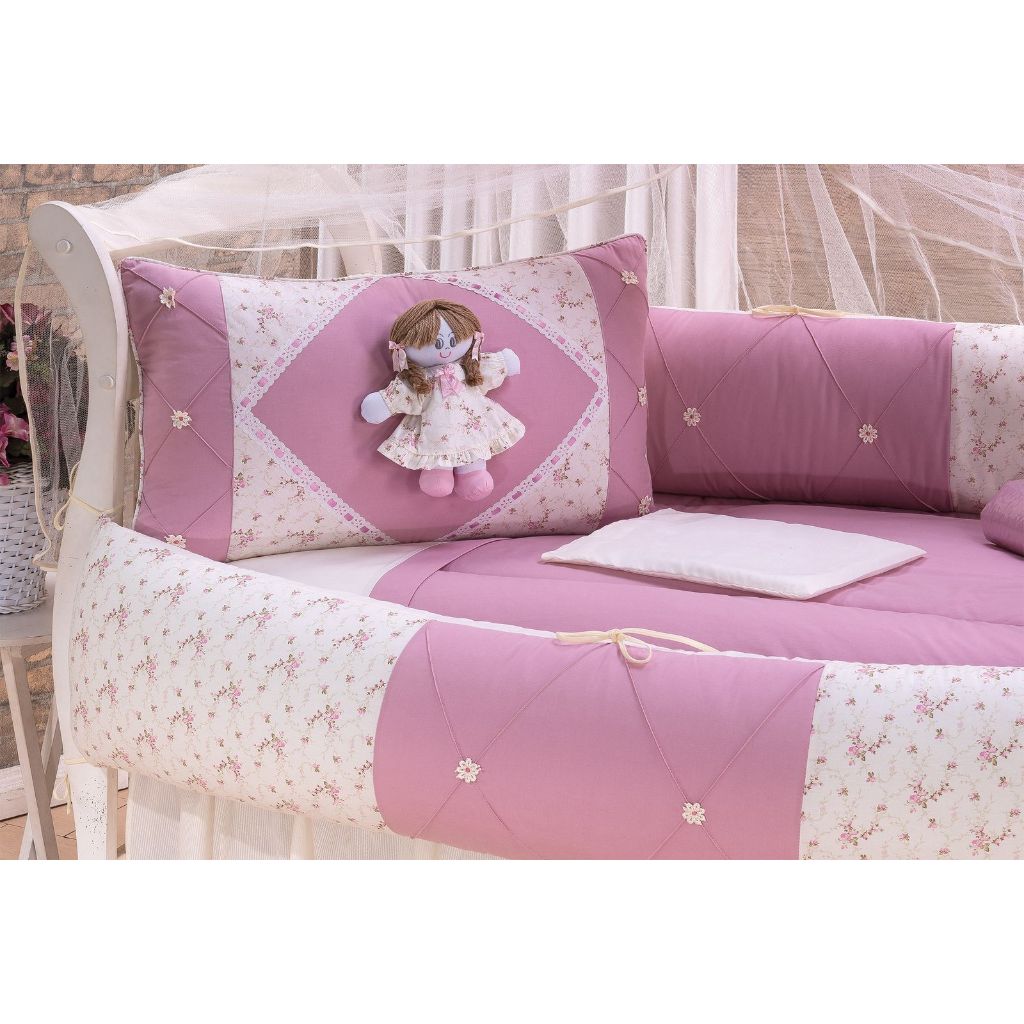 Kit Para Berço Americano 10 Peças Boneca Helena Floral Detalhes Nervuras/Florzinha + Saia de Berço