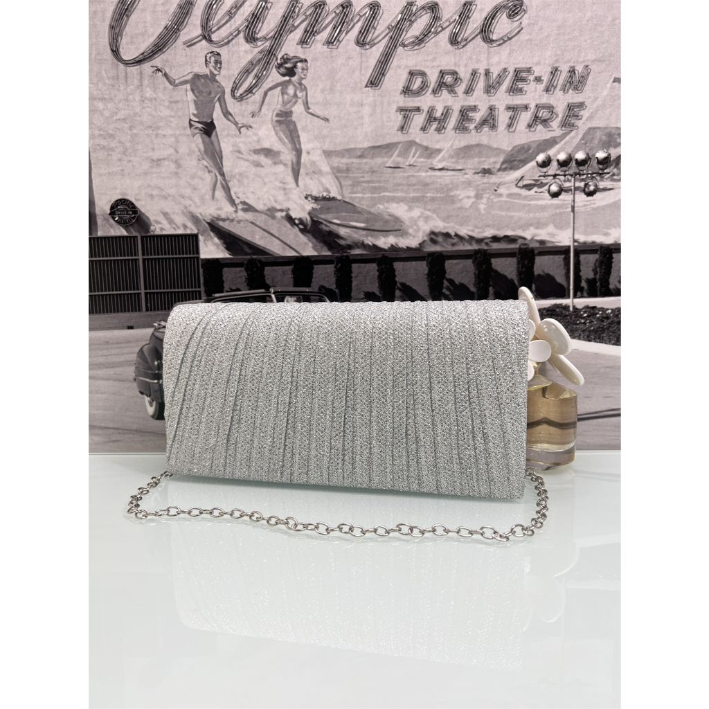 Juzia Bolsas Bolsa clutch festa listrada enrugada ondulada glitter carteiro caixinha transversal alça corrente cadeia