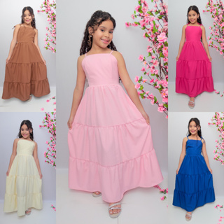 Vestido longo liso alça amarração para jovens adolescentes em Oferta na Shopee