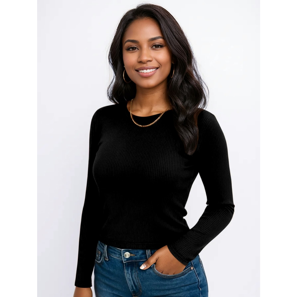 Blusa Feminina Manga Longa Gola O Casual Trabalho Básica Blusa de Frio Canelada Segunda Pele em Oferta na Shopee