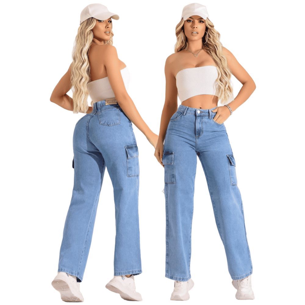 Calça Jeans Cargo Wide Leg Feminina Pantalona Cintura Alta Levanta Bumbum