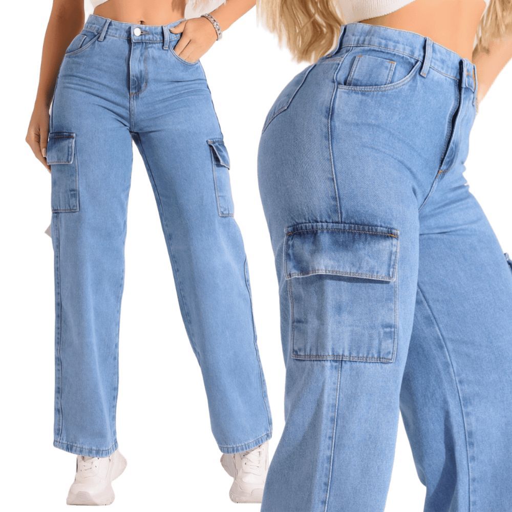 Calça Jeans Feminina Cintura Alta Wide Leg Com Bolso Pantalona 100% Algodão