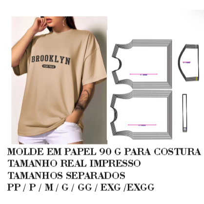 MOLDE ,MODELAGEM DE CAMISETA OVERSIZED FEMININA PARA COSTURA EM PAPEL 90 GM  HSTZ-078