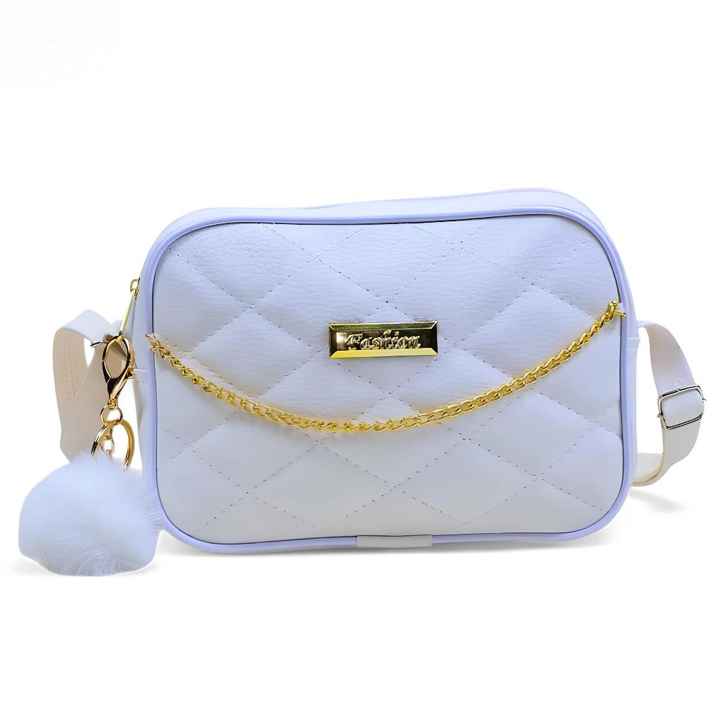 Bolsa Feminina Transversal Pequena Com Corrente 2 Compartimento + Chaveiro POMPOM em Oferta na Shopee