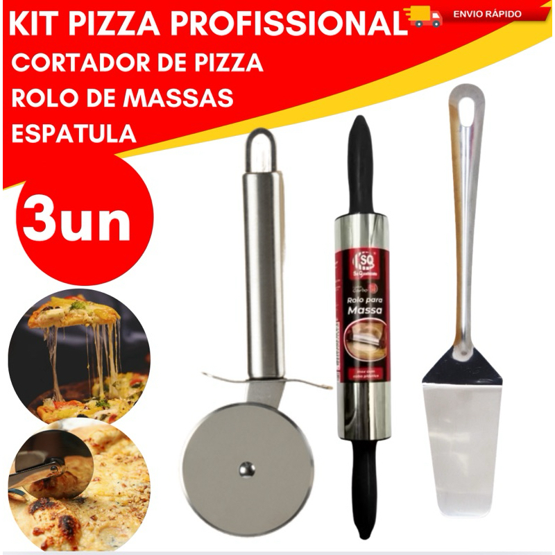 Kit Profissional para Pizzaria Rolo de Massa Inox Antiaderente Espátula para Pizza Cortador Inox