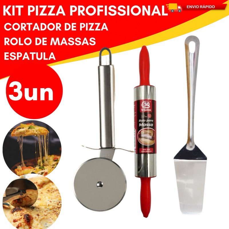 Kit 03 Peças para Pizzaria Rolo de Massa Inox Antiaderente Espátula para Pizza Cortador Inox