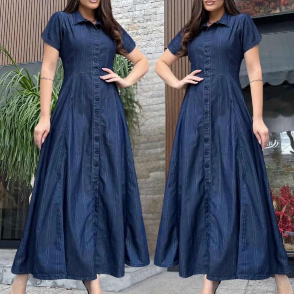 Vestido Jeans Longo Tecido Listrado Elastano Perfeito Botão Rodado Feminino Evangélica Cristã Gode — imagem 1