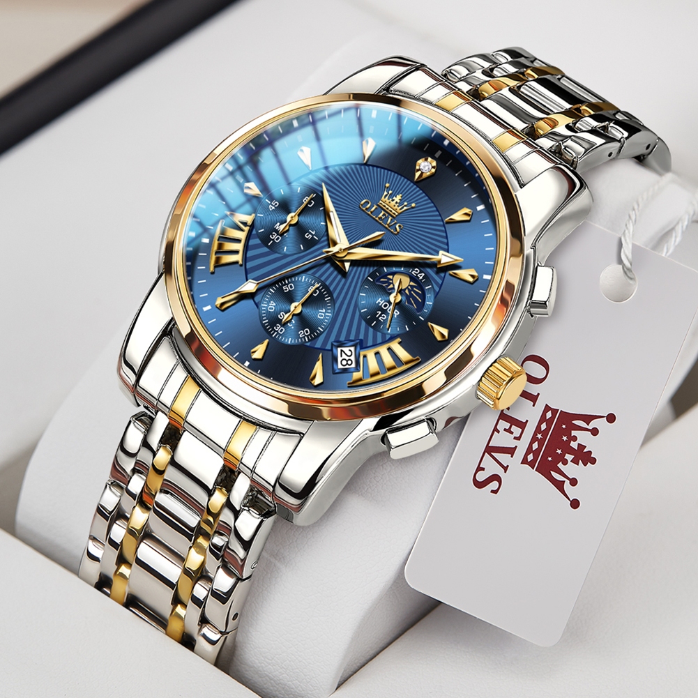OLEVS Business Relógio Masculino Original Cronógrafo Multifuncional À Prova D'água De Aço Inoxidável Luminoso 2892 Azul