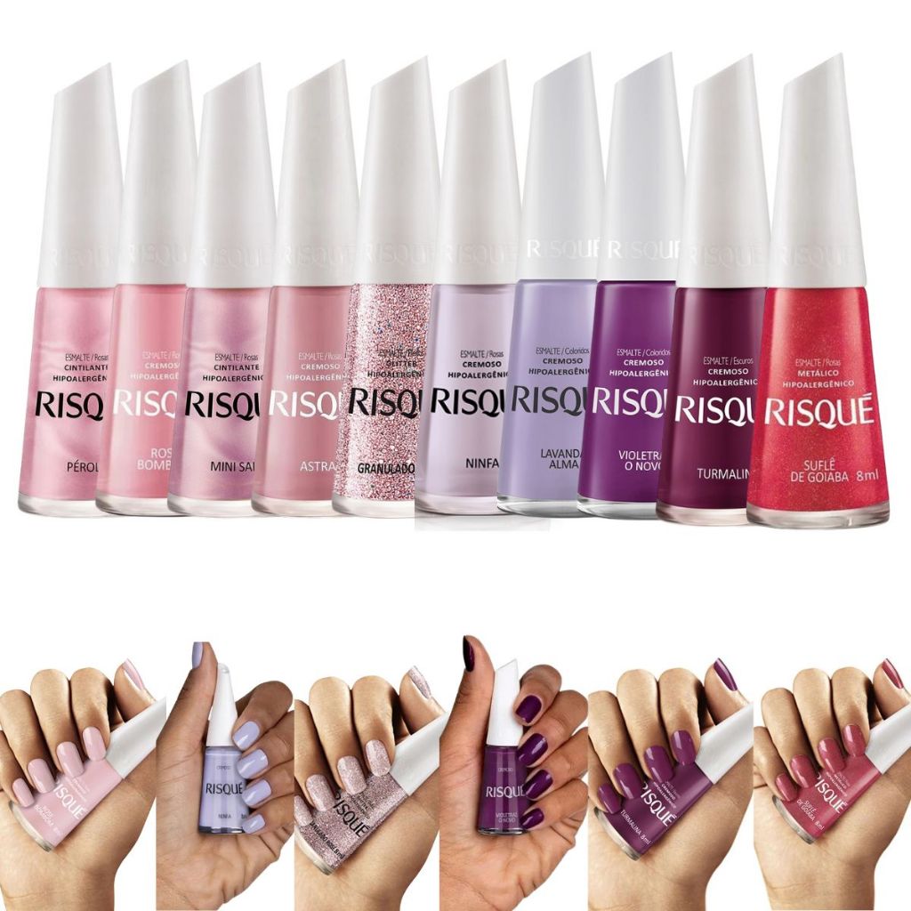 Risque Glamurosa Kit com 10 Esmaltes tons Pink, Lilas e Roxo e glitter Risqué