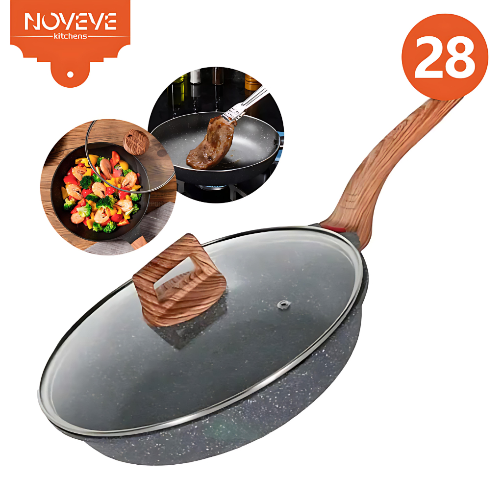 28CM Frigideira Universal Antiaderente Indução de Alumínio Revestimento Cerâmico Premium Cabo Madeira