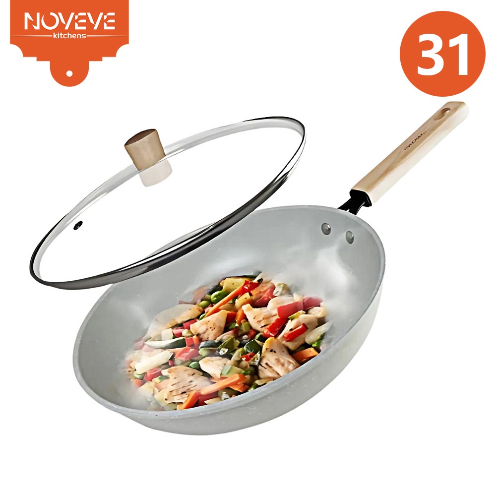 31CM Frigideira Wok de Aço com Tampa Temperada 4L Diâmetro  Design Elegante
