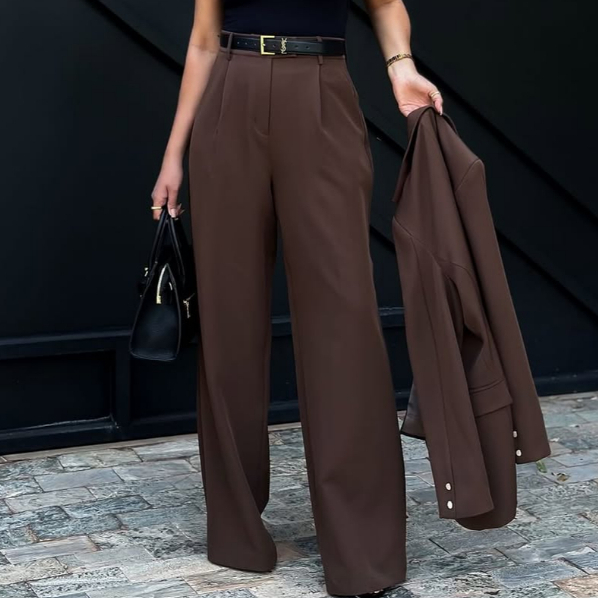 Calça Pantalona Alfaiataria Feminino Marrom Premium Cintura Alta Wide Leg-Tendência Luxo em Oferta na Shopee