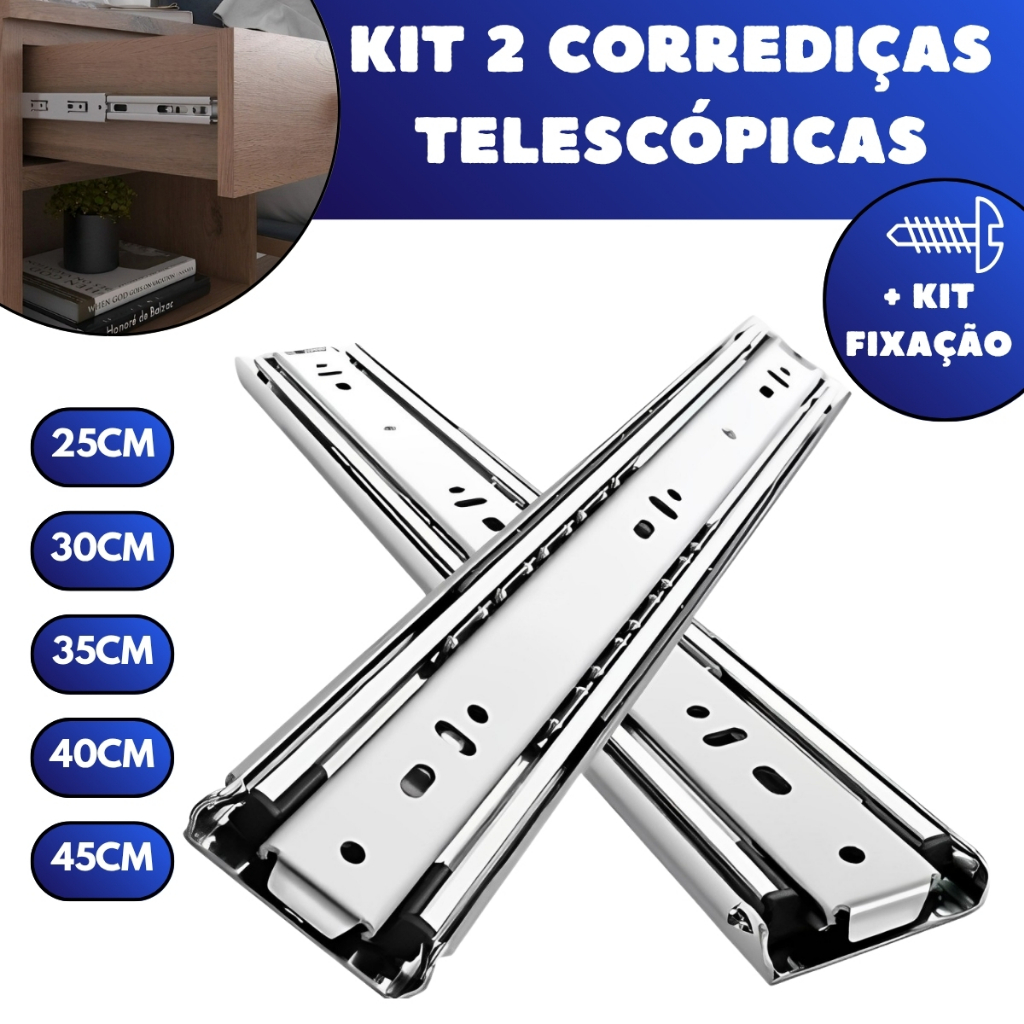 Kit 2 Corrediças Telescópicas Light Gaveta Aço Trilho Deslizante Com Parafusos 25cm 30cm 35cm 45cm em Oferta na Shopee