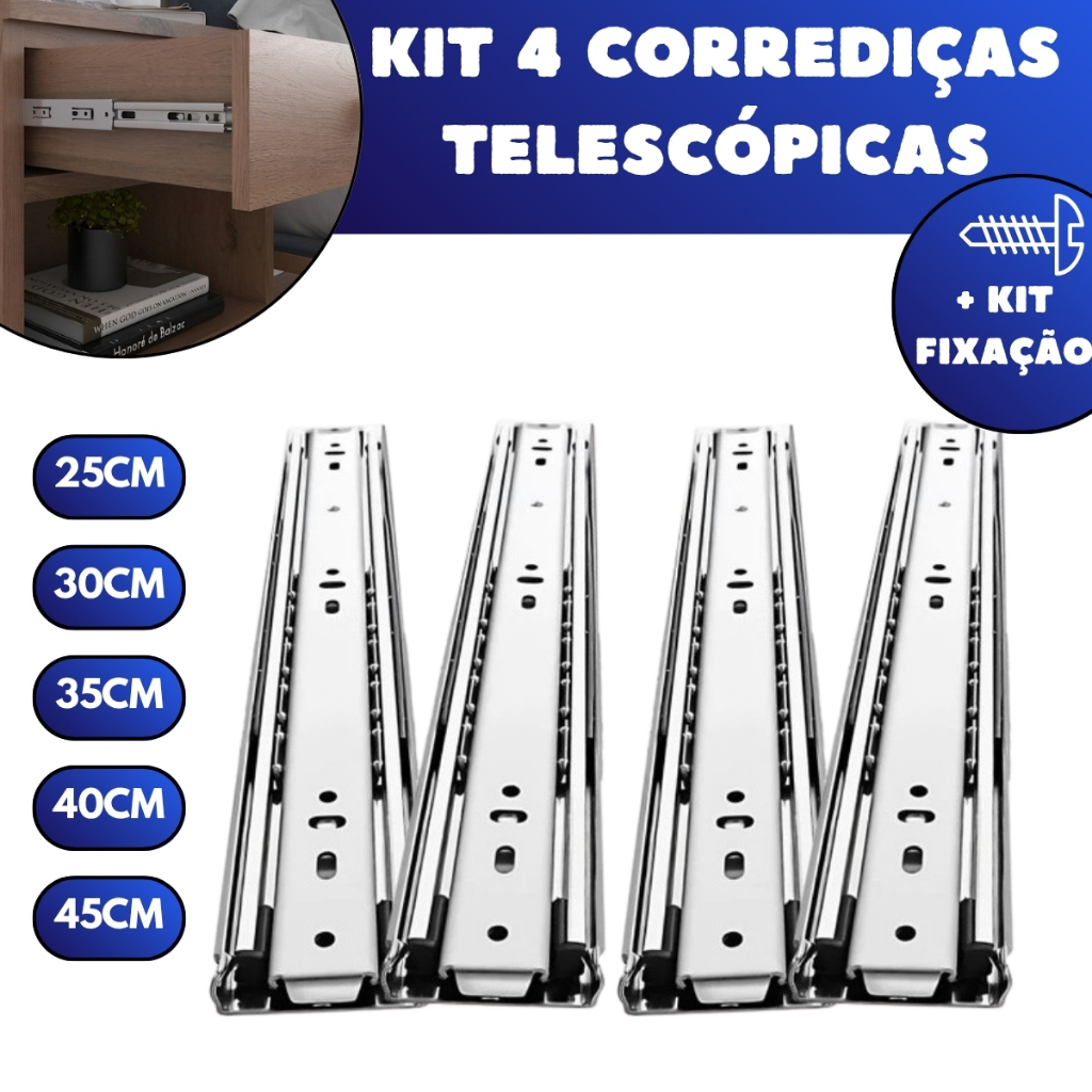 Kit 4 Corrediças Telescópicas Light Gaveta Aço Trilho Com Parafusos 25cm 30cm 35cm 40cm 45cm Reforço